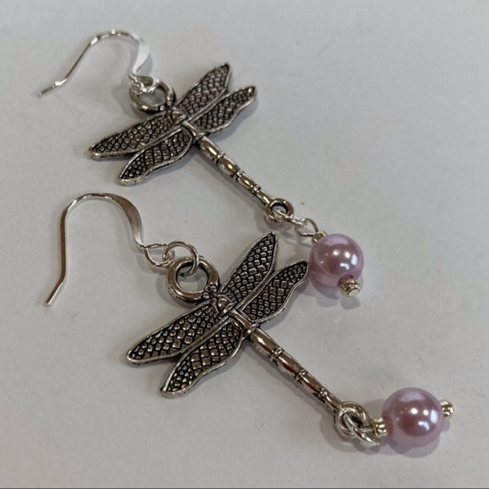 HAND CRAFTED EARRINGS Dragonfly Pink Pearl Sterling Silver Dangle Drop NWT